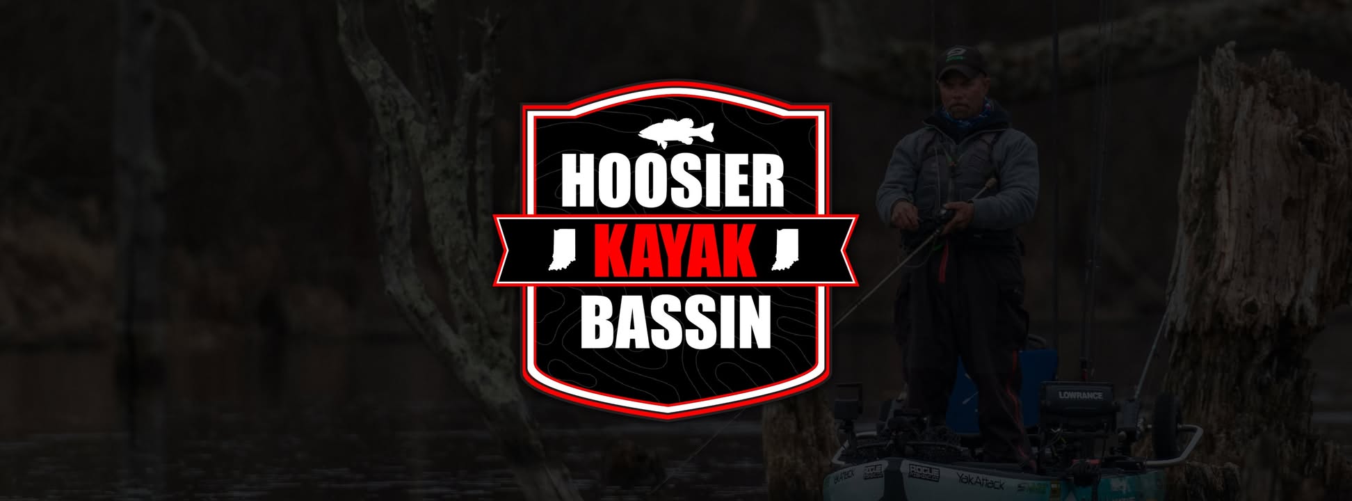 Hoosier Kayak Bassin logo featured on the new website launch graphic with kayak bass fishing background in Indiana